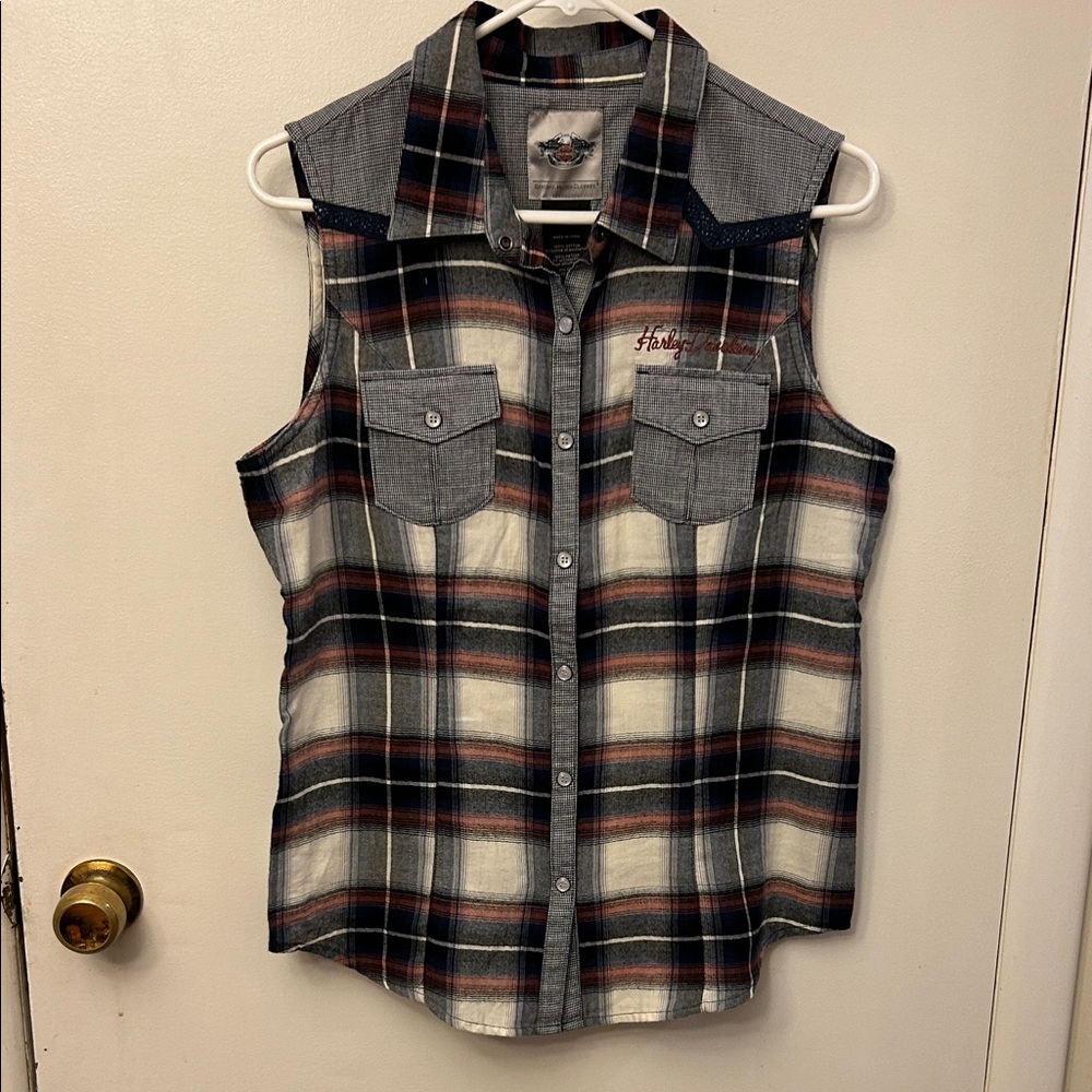 Harley-Davidson Navy Blue and Reddish Plaid Sleeveless Shirt Large